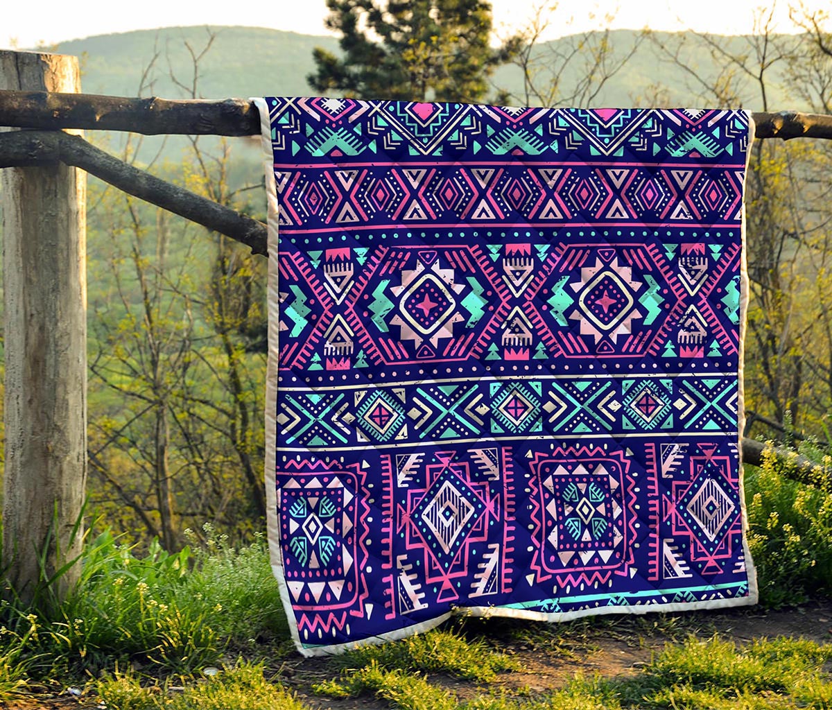 Blue And Pink Aztec Pattern Print Quilt