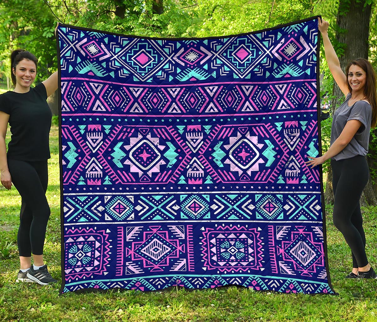 Blue And Pink Aztec Pattern Print Quilt