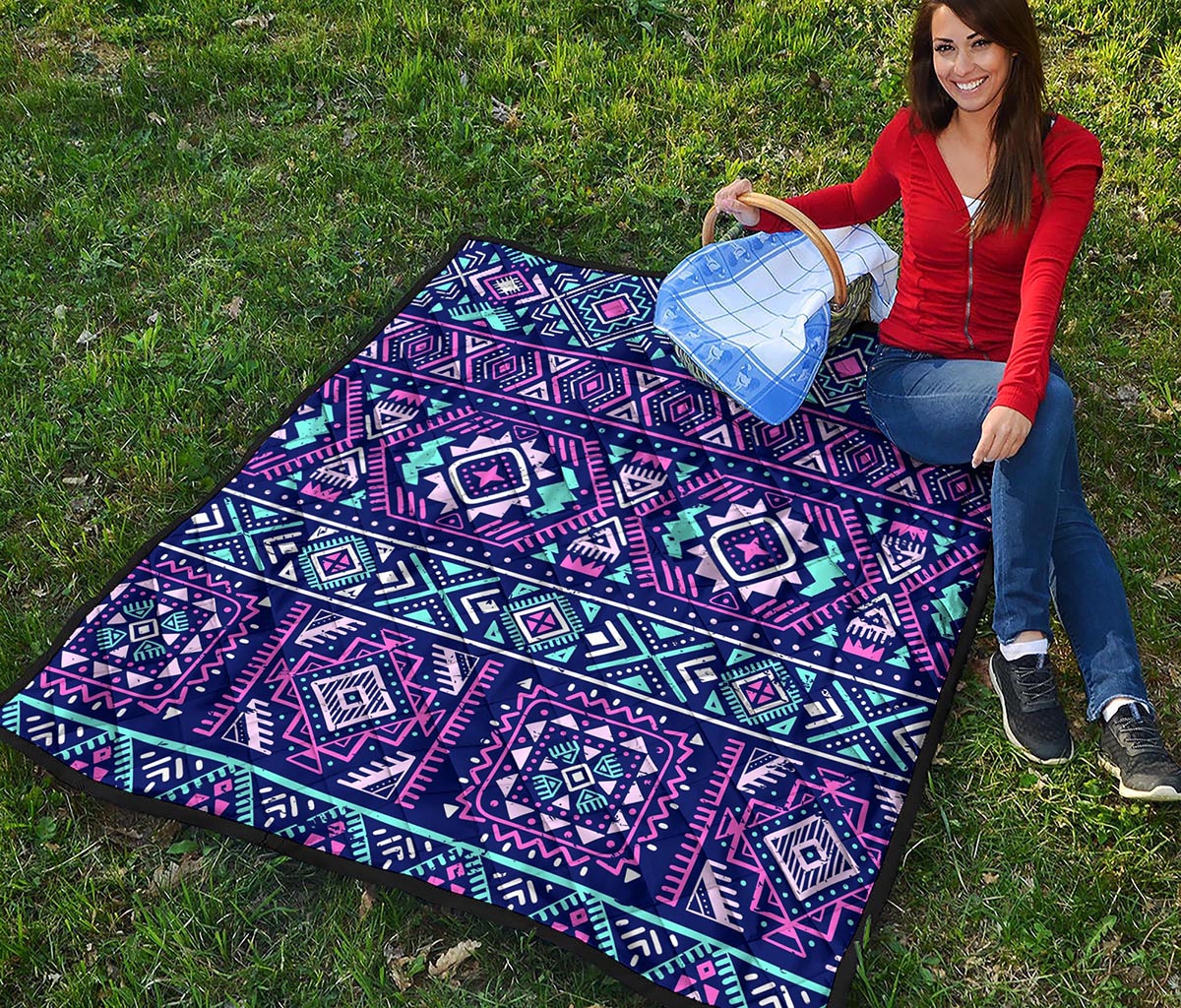 Blue And Pink Aztec Pattern Print Quilt