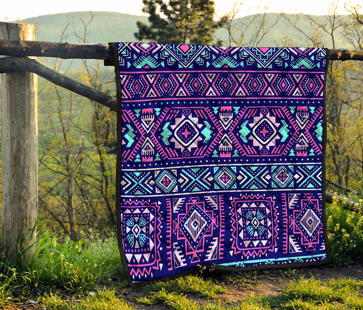 Blue And Pink Aztec Pattern Print Quilt