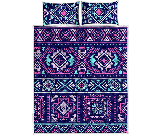 Blue And Pink Aztec Pattern Print Quilt Bed Set