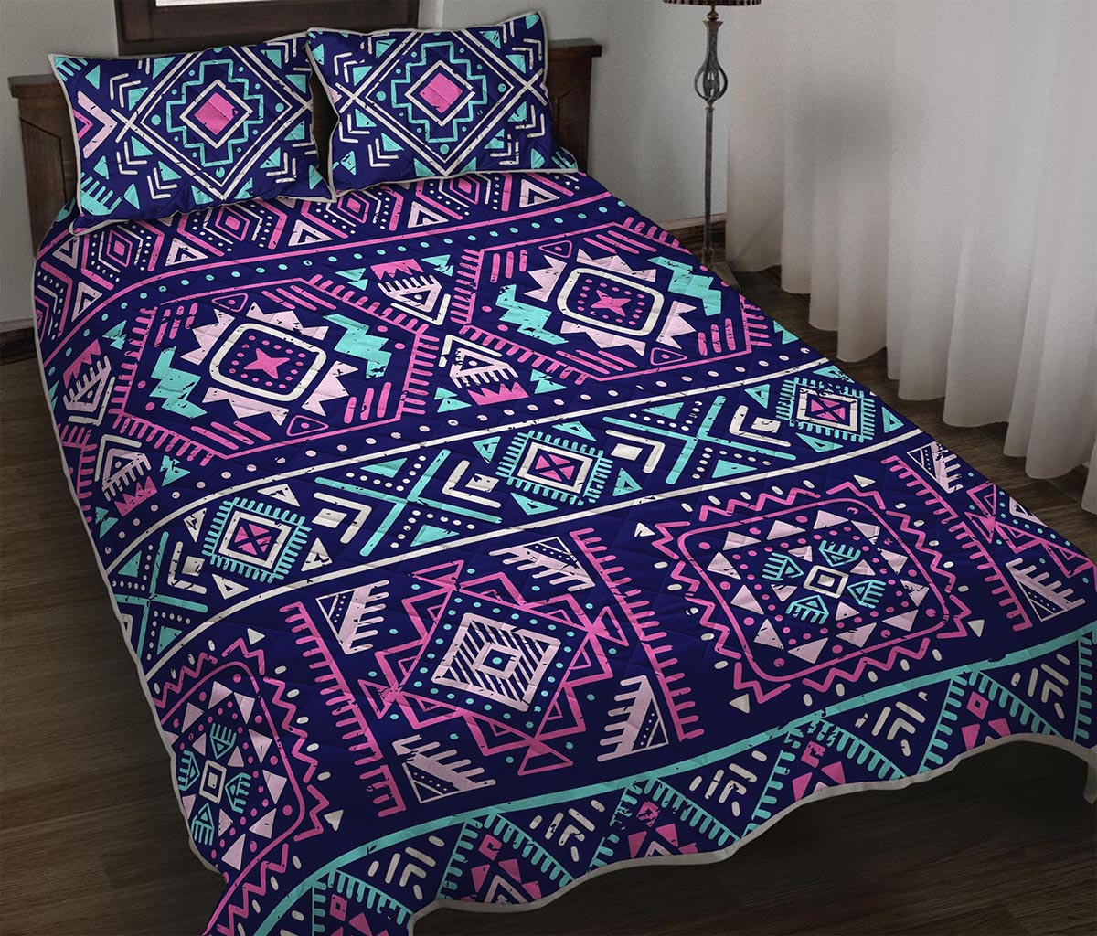 Blue And Pink Aztec Pattern Print Quilt Bed Set