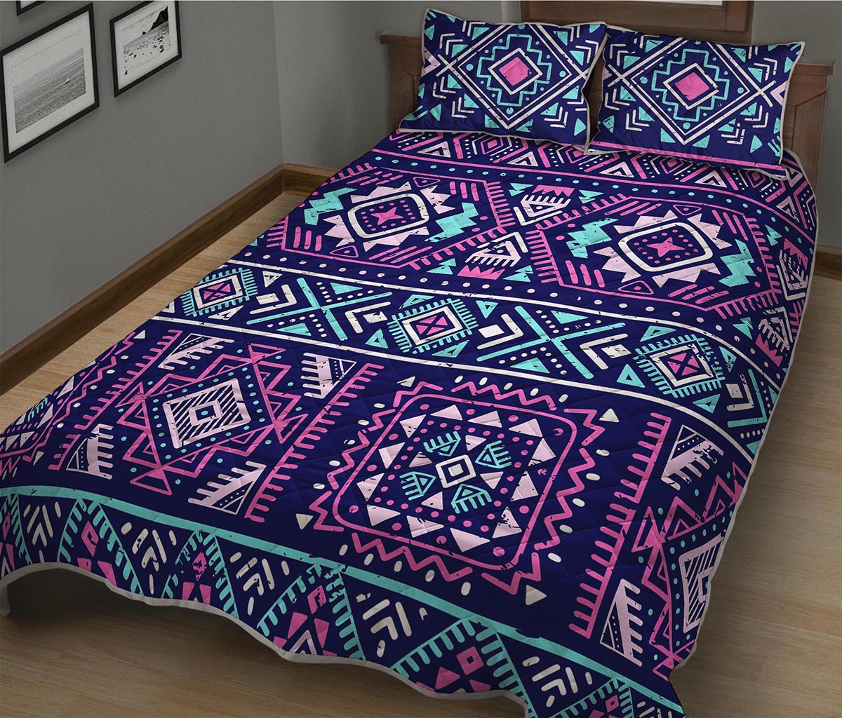 Blue And Pink Aztec Pattern Print Quilt Bed Set