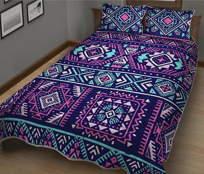 Blue And Pink Aztec Pattern Print Quilt Bed Set