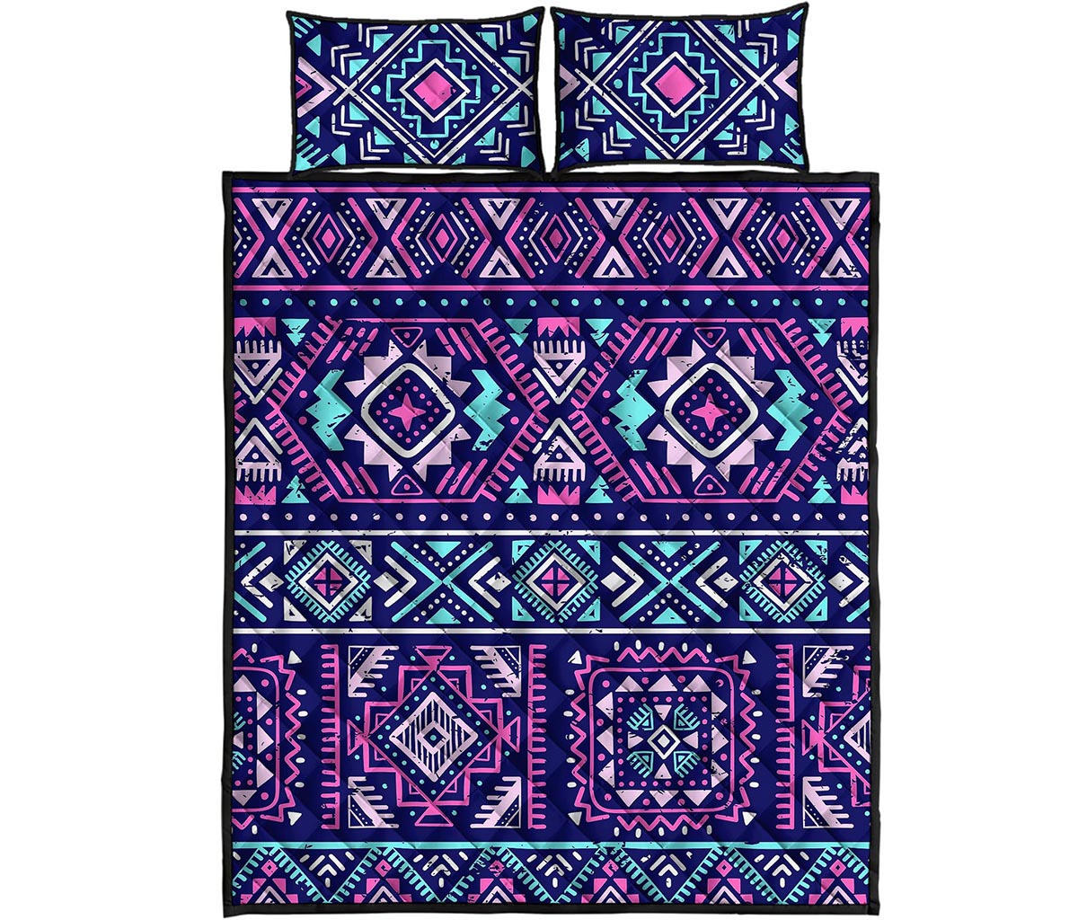 Blue And Pink Aztec Pattern Print Quilt Bed Set