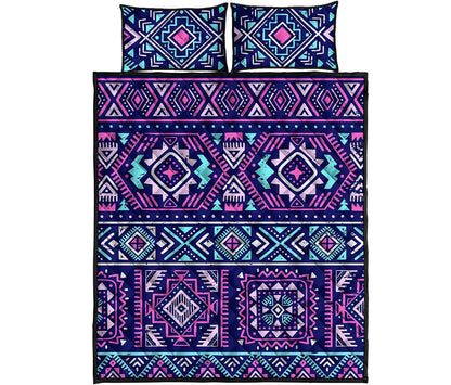 Blue And Pink Aztec Pattern Print Quilt Bed Set