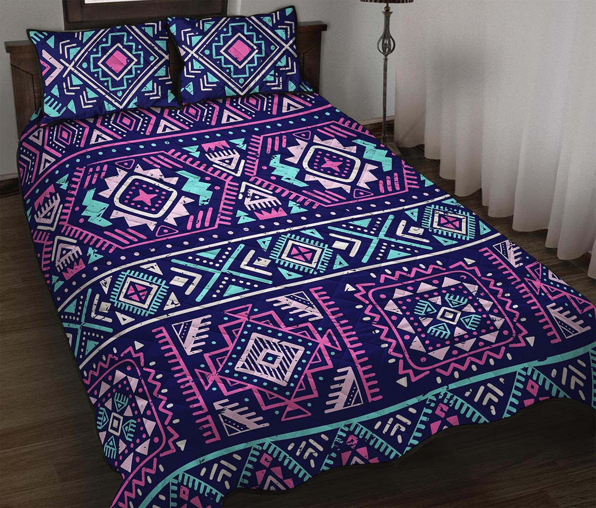 Blue And Pink Aztec Pattern Print Quilt Bed Set