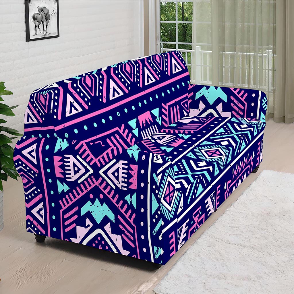 Blue And Pink Aztec Pattern Print Sofa Cover