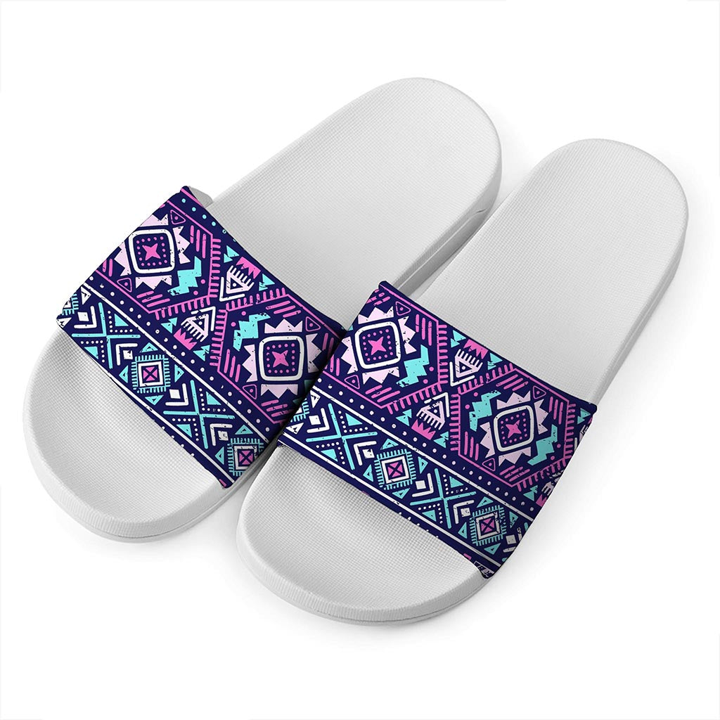 Blue And Pink Aztec Pattern Print White Slide Sandals