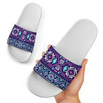 Blue And Pink Aztec Pattern Print White Slide Sandals