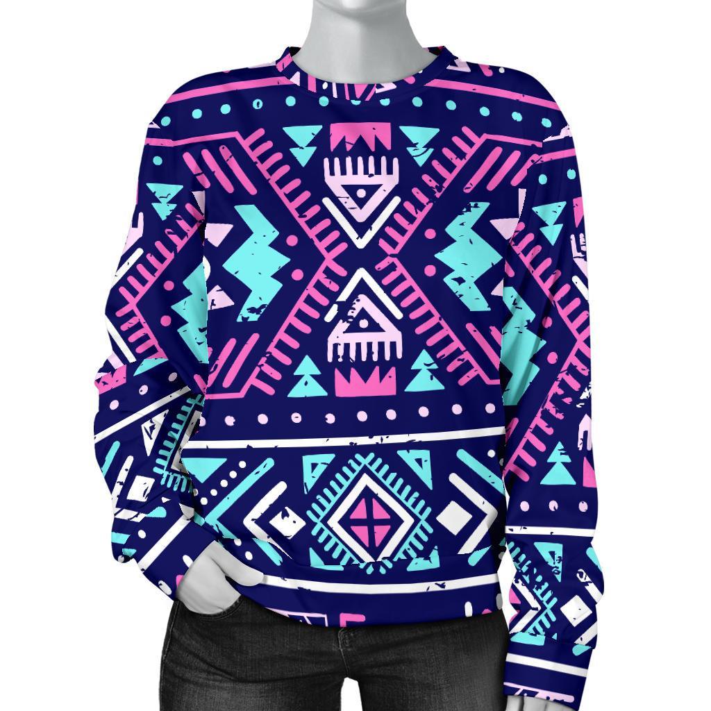 Blue And Pink Aztec Pattern Print Women's Crewneck Sweatshirt GearFrost