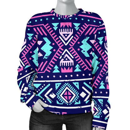 Blue And Pink Aztec Pattern Print Women's Crewneck Sweatshirt GearFrost