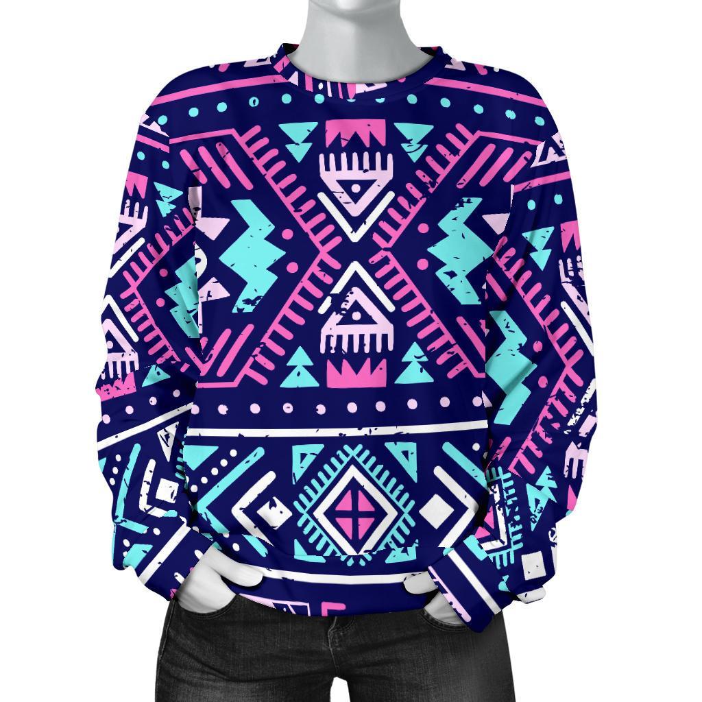 Blue And Pink Aztec Pattern Print Women's Crewneck Sweatshirt GearFrost