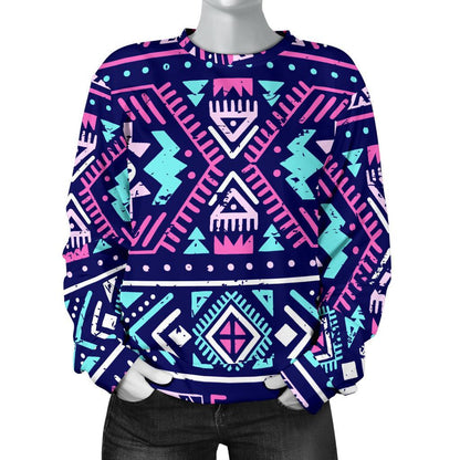 Blue And Pink Aztec Pattern Print Women's Crewneck Sweatshirt GearFrost
