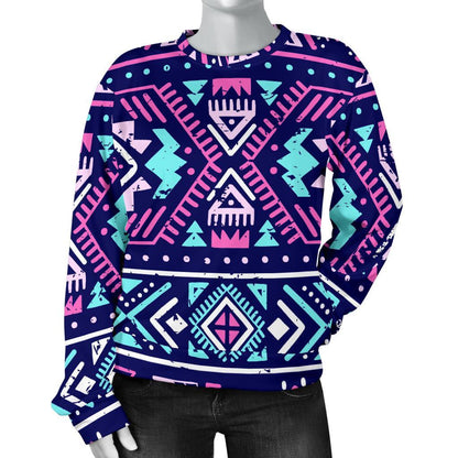 Blue And Pink Aztec Pattern Print Women's Crewneck Sweatshirt GearFrost