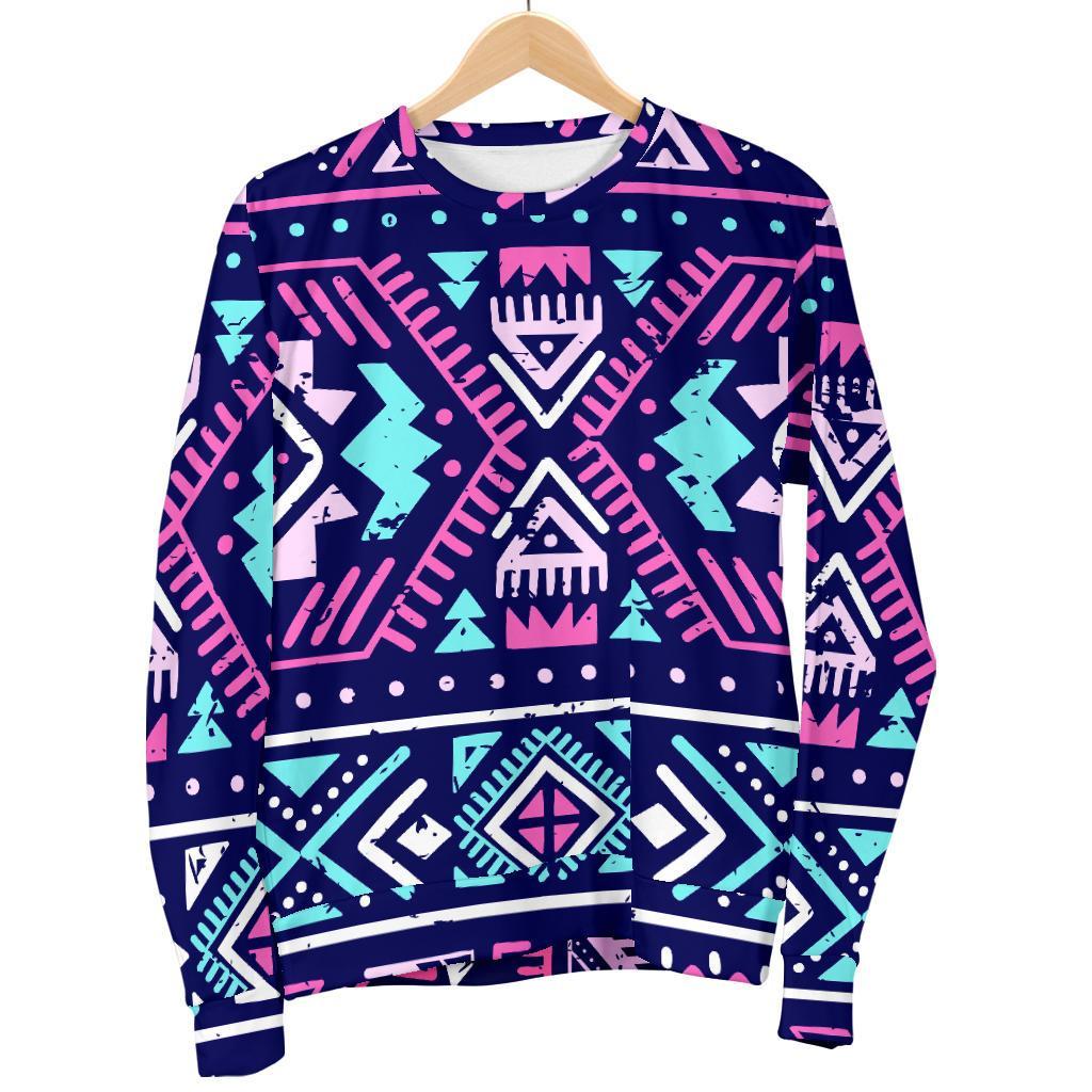 Blue And Pink Aztec Pattern Print Women's Crewneck Sweatshirt GearFrost