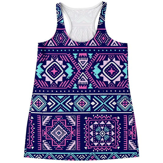 Blue And Pink Aztec Pattern Print Women's Racerback Tank Top