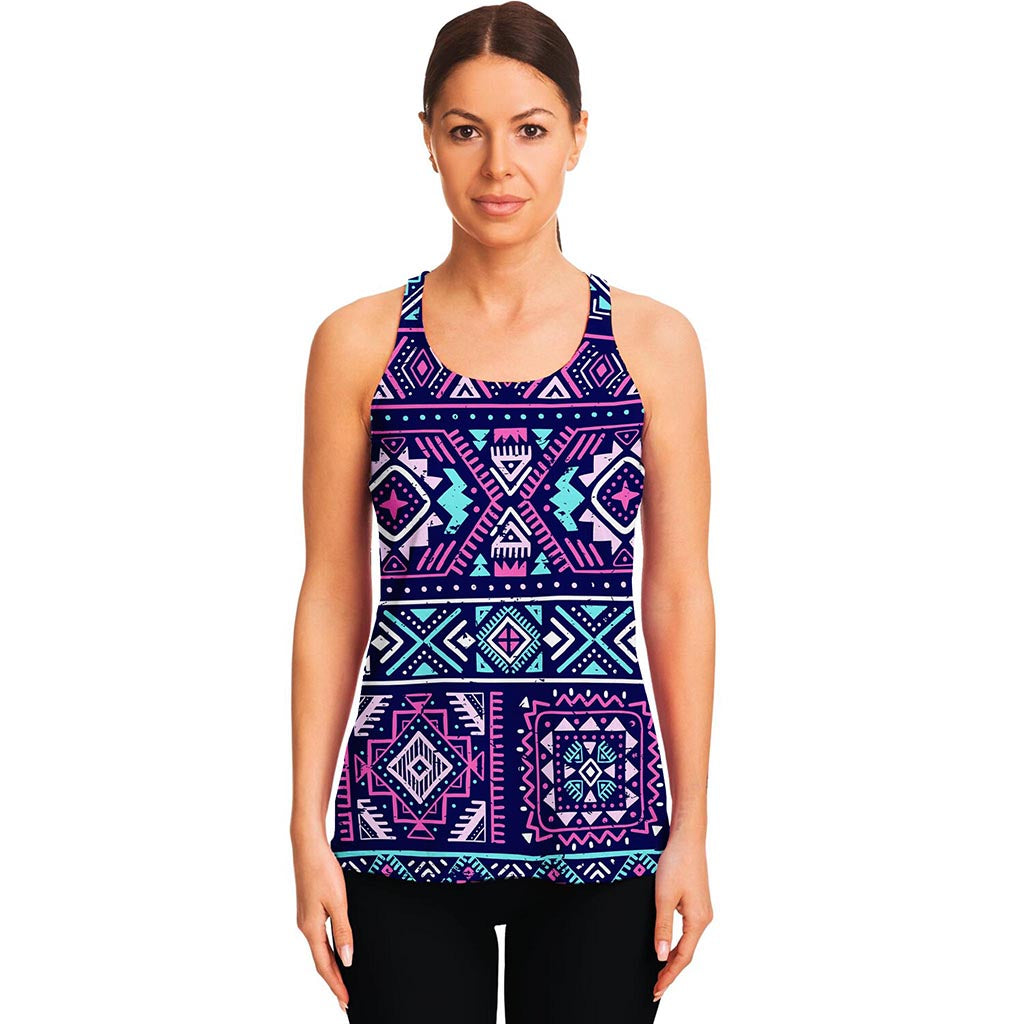 Blue And Pink Aztec Pattern Print Women's Racerback Tank Top