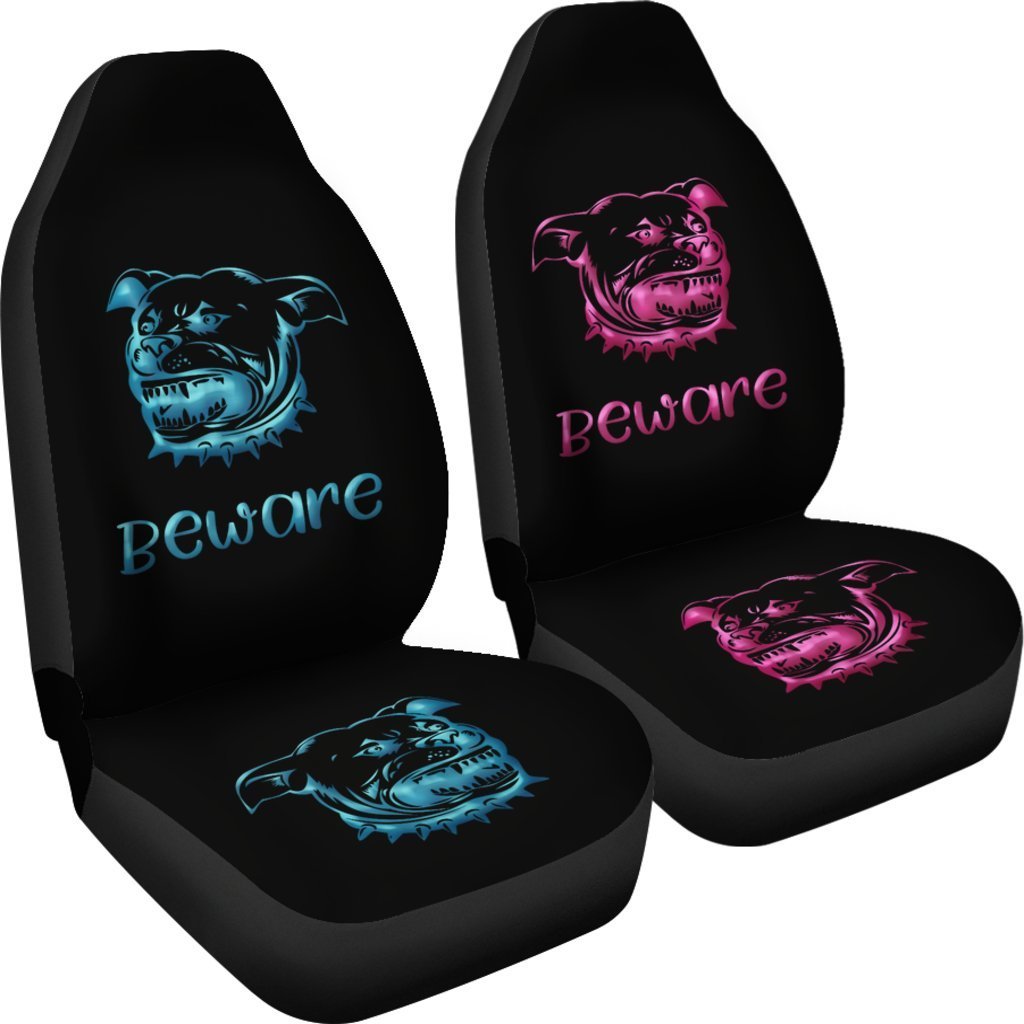 Blue And Pink Beware Of Pitbull Sign Universal Fit Car Seat Covers GearFrost