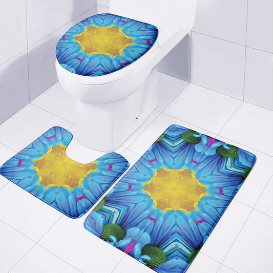 Blue And Pink Flowers Kaleidoscope Print 3 Piece Bath Mat Set