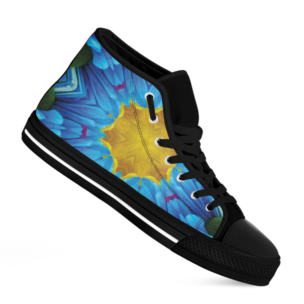 Blue And Pink Flowers Kaleidoscope Print Black High Top Shoes