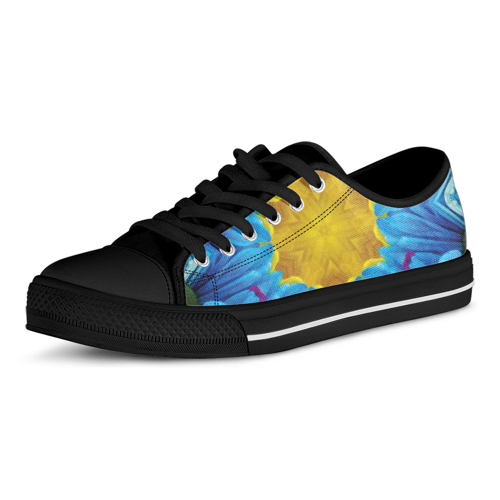 Blue And Pink Flowers Kaleidoscope Print Black Low Top Shoes