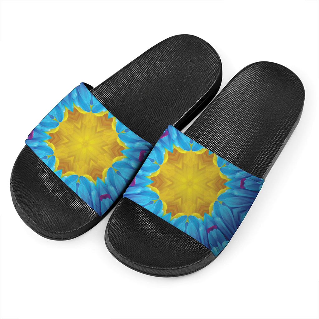 Blue And Pink Flowers Kaleidoscope Print Black Slide Sandals