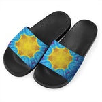 Blue And Pink Flowers Kaleidoscope Print Black Slide Sandals