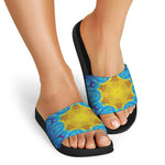 Blue And Pink Flowers Kaleidoscope Print Black Slide Sandals