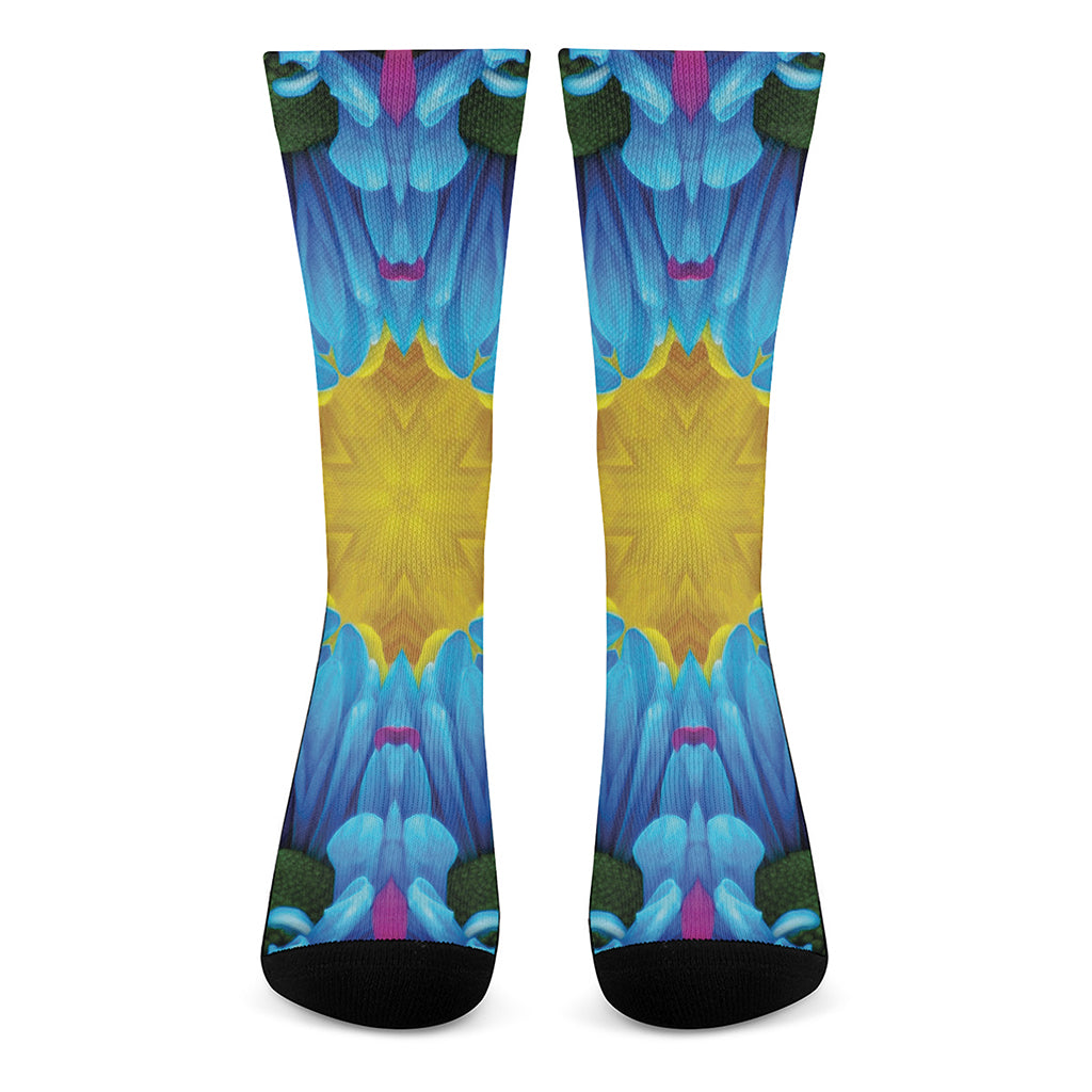 Blue And Pink Flowers Kaleidoscope Print Crew Socks