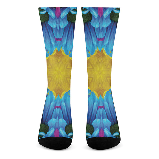 Blue And Pink Flowers Kaleidoscope Print Crew Socks
