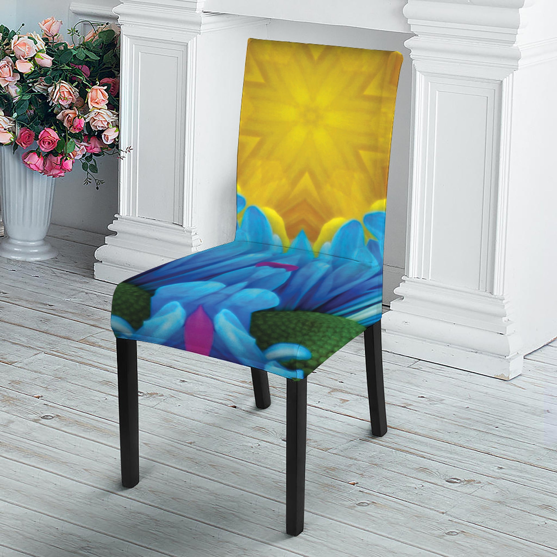 Blue And Pink Flowers Kaleidoscope Print Dining Chair Slipcover