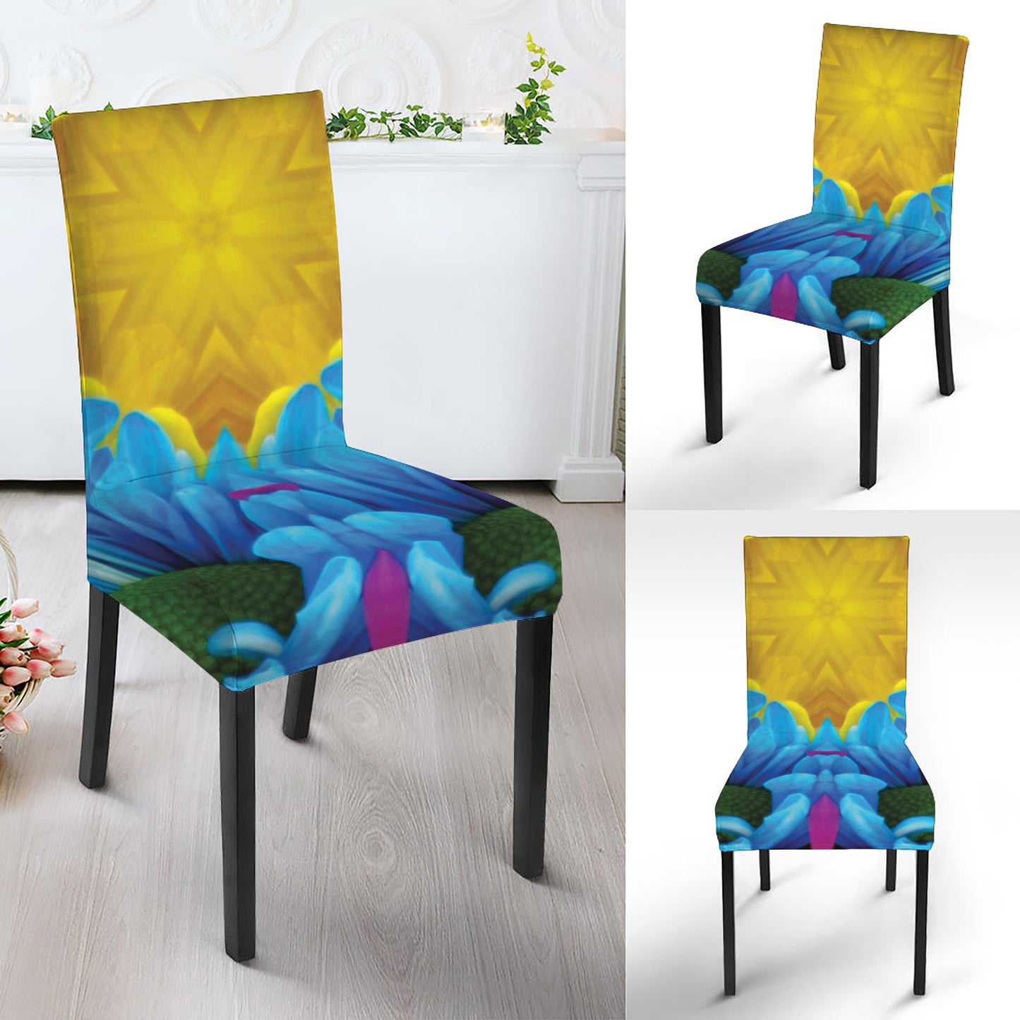 Blue And Pink Flowers Kaleidoscope Print Dining Chair Slipcover
