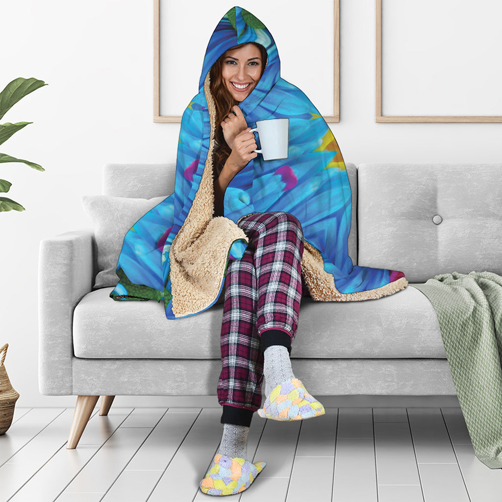 Blue And Pink Flowers Kaleidoscope Print Hooded Blanket