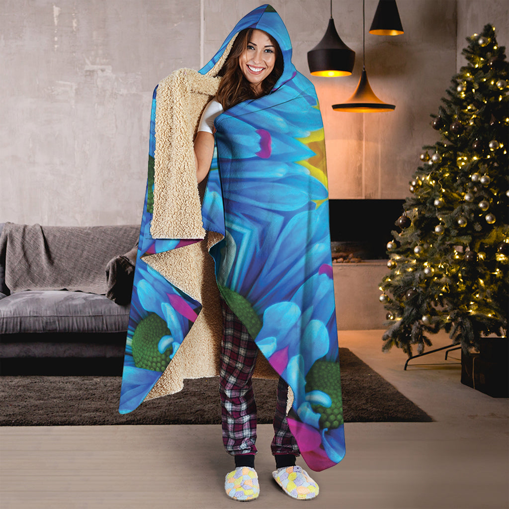 Blue And Pink Flowers Kaleidoscope Print Hooded Blanket