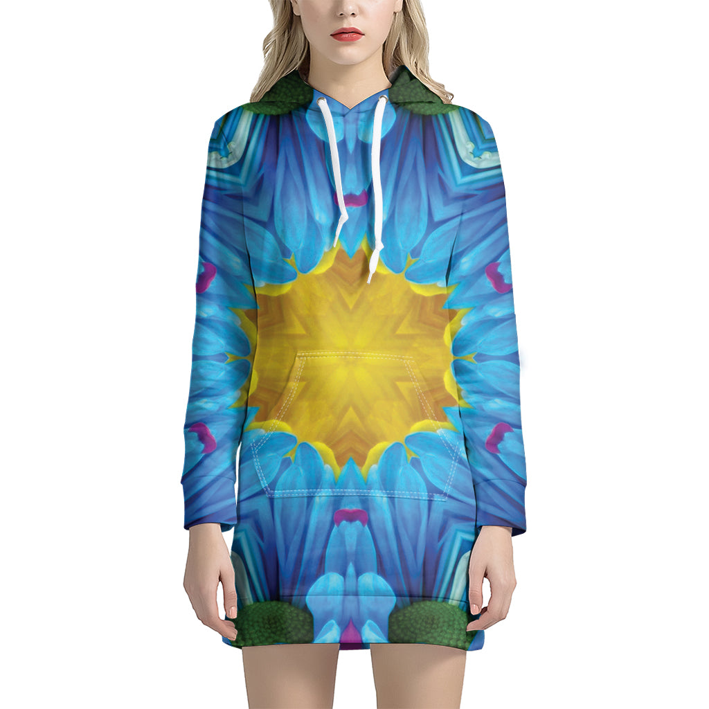 Blue And Pink Flowers Kaleidoscope Print Hoodie Dress