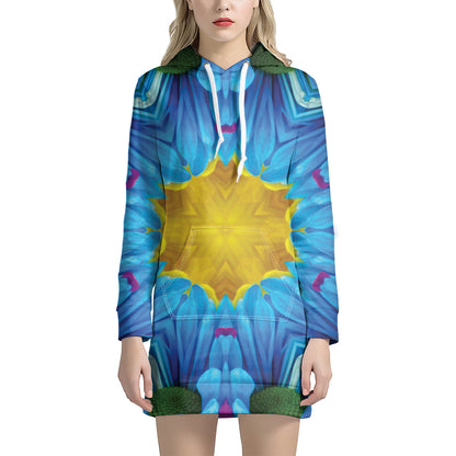 Blue And Pink Flowers Kaleidoscope Print Hoodie Dress