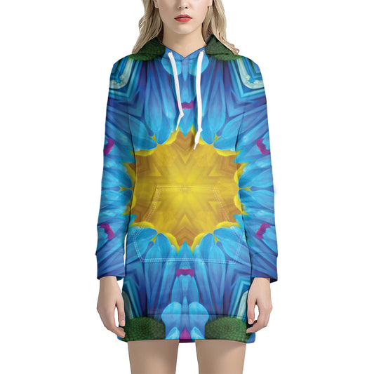 Blue And Pink Flowers Kaleidoscope Print Hoodie Dress
