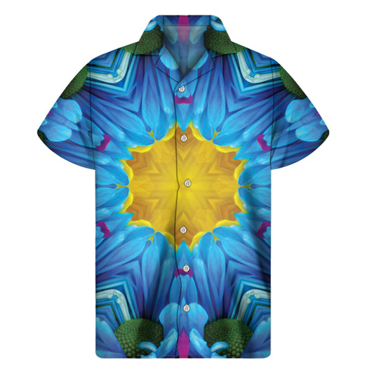 Blue And Pink Flowers Kaleidoscope Print Men's Short Sleeve Shirt