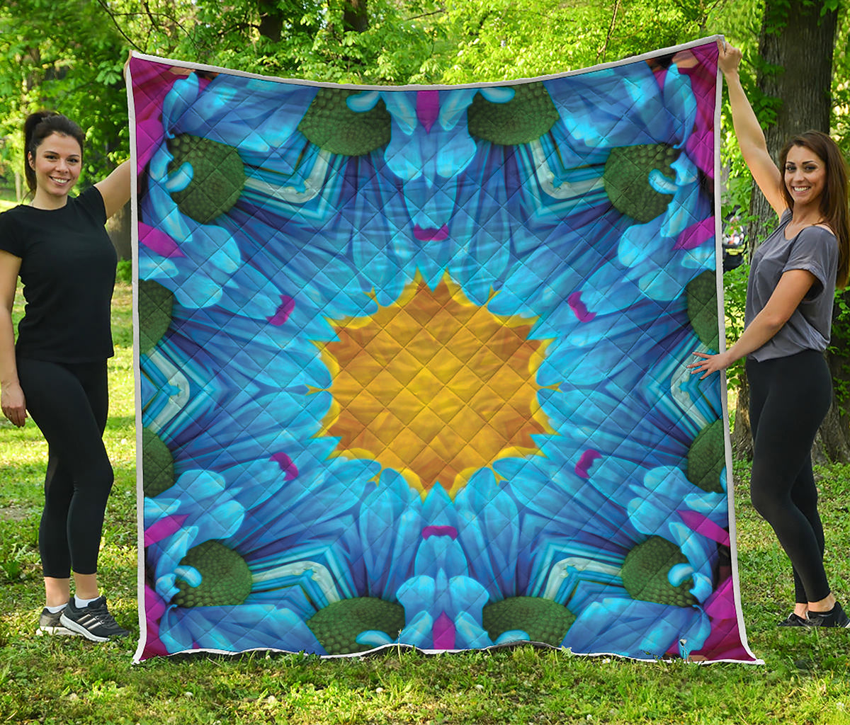 Blue And Pink Flowers Kaleidoscope Print Quilt