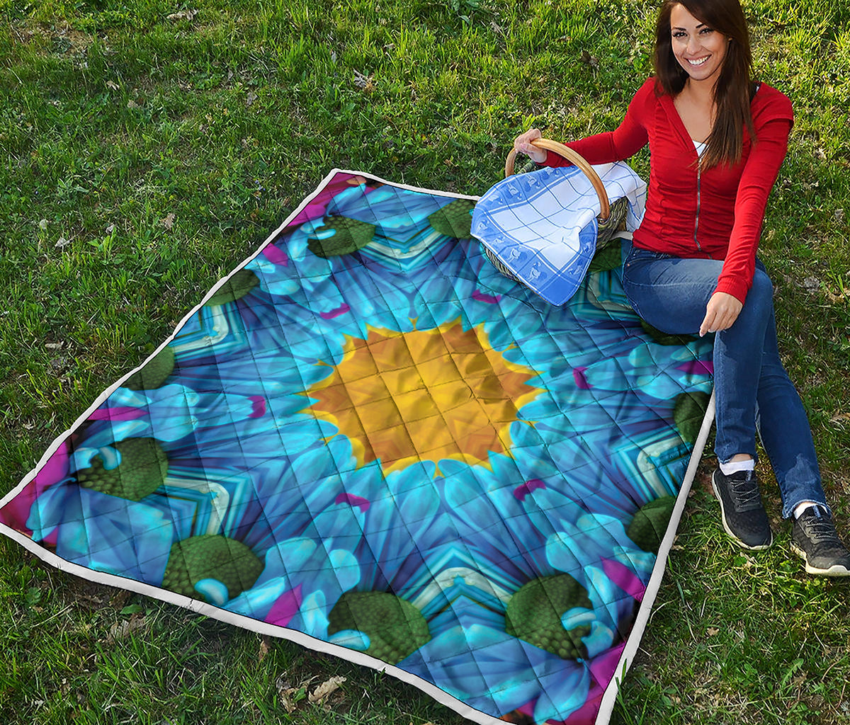 Blue And Pink Flowers Kaleidoscope Print Quilt