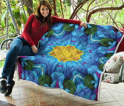 Blue And Pink Flowers Kaleidoscope Print Quilt