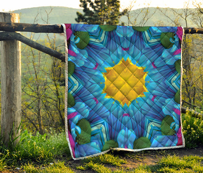 Blue And Pink Flowers Kaleidoscope Print Quilt