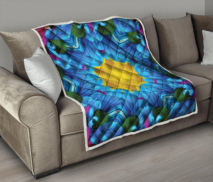 Blue And Pink Flowers Kaleidoscope Print Quilt