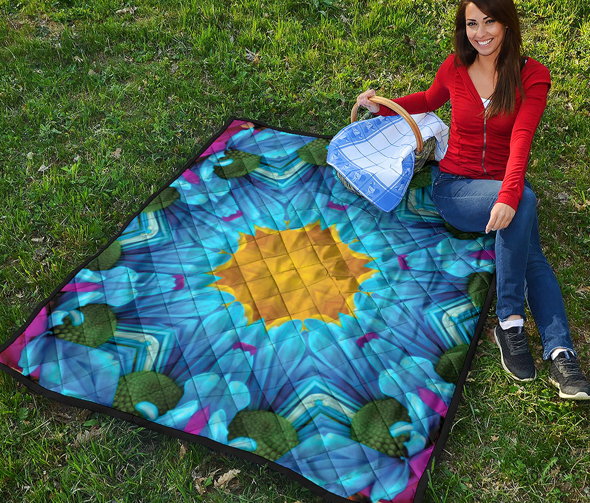 Blue And Pink Flowers Kaleidoscope Print Quilt