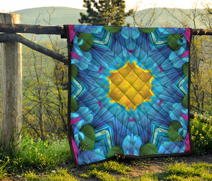 Blue And Pink Flowers Kaleidoscope Print Quilt