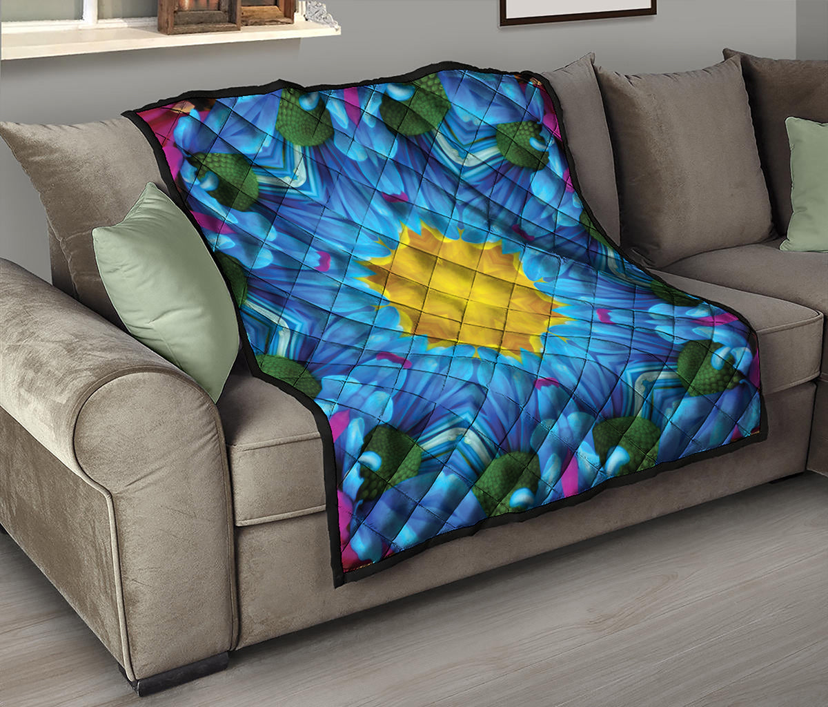 Blue And Pink Flowers Kaleidoscope Print Quilt