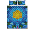 Blue And Pink Flowers Kaleidoscope Print Quilt Bed Set