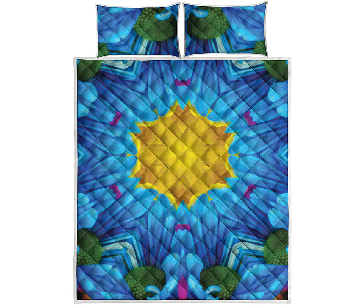 Blue And Pink Flowers Kaleidoscope Print Quilt Bed Set