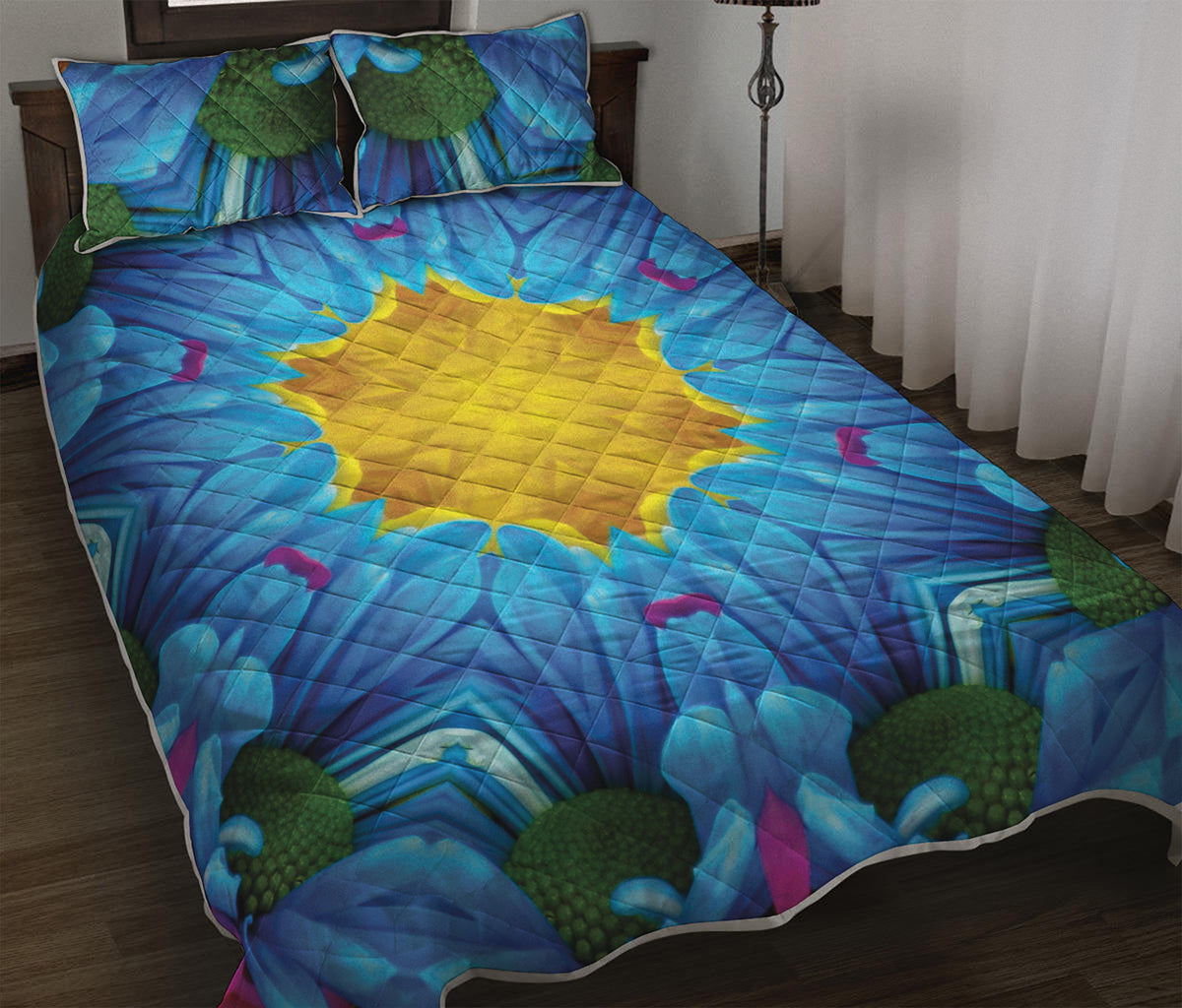 Blue And Pink Flowers Kaleidoscope Print Quilt Bed Set